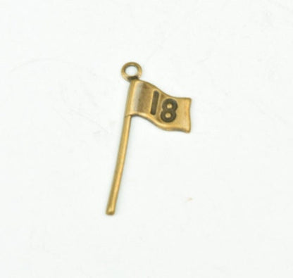 Vintage Golf Flag Charm, "18 hole", antique silver or antique gold, Made in USA, Pack of 6