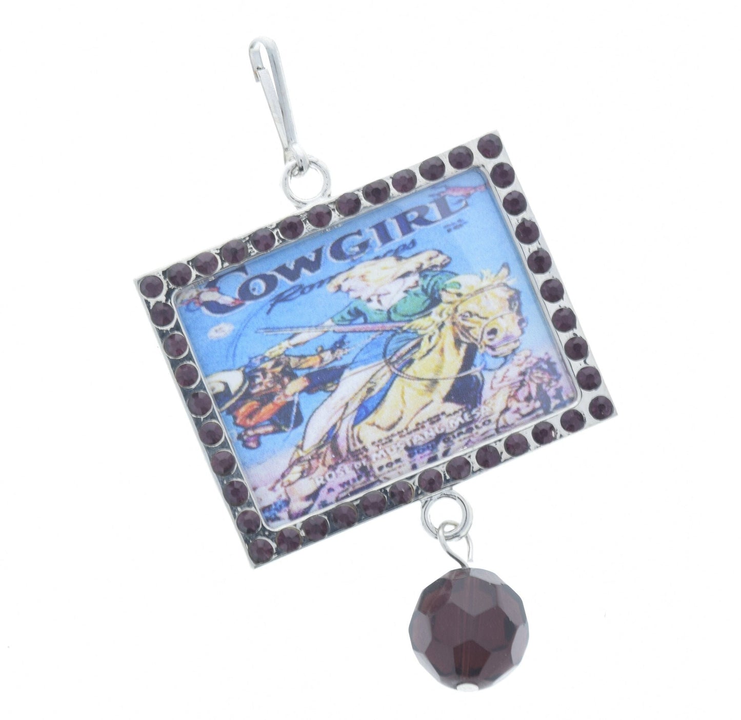 Vintage Ride 'Em Cowgirl Art Crystal Frame Pendant, 46mm x 36mm silver rectangle, Pack of 3