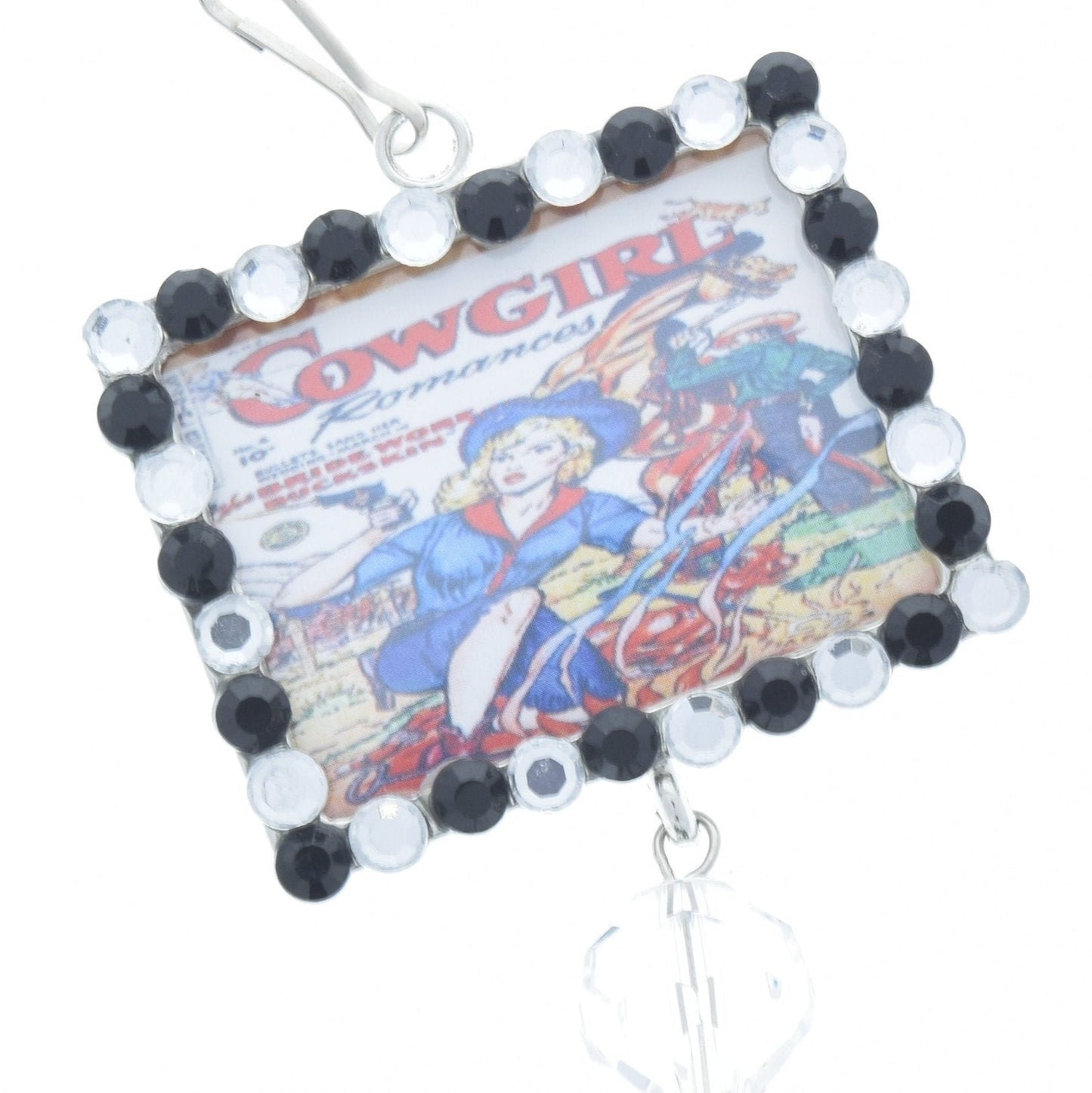 Vintage Campfire Cowgirl Art Onyx Crystal Frame Pendant, 46mm x 36mm silver rectangle, Pack of 3