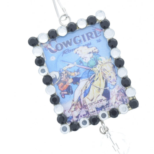 Vintage Ride 'em Cowgirl Art, Onyx Crystal Frame Pendant, 46mm x 36mm silver rectangle, Pack of 3