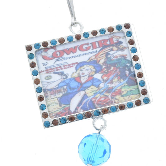 Vintage Campfire Cowgirl Art Pendant, topaz and blue crystal on Silver frame, 48mm, Pack of 3  G2203 E