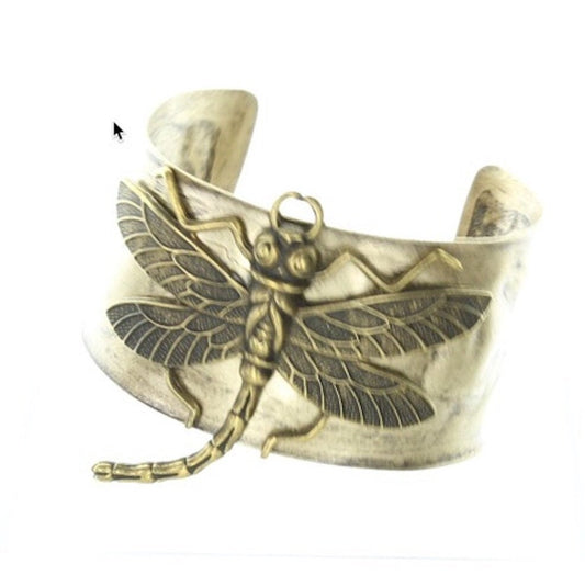 Dragonfly Hammered Cuff Bracelet in fabric gift bag, 1.5" wide, antique gold, HandMade in USA