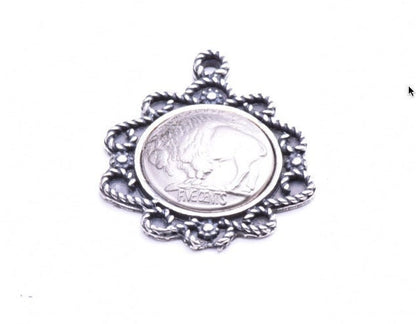 Buffalo Nickel Coin Pendant, filigree bezel, Antique Silver, Each