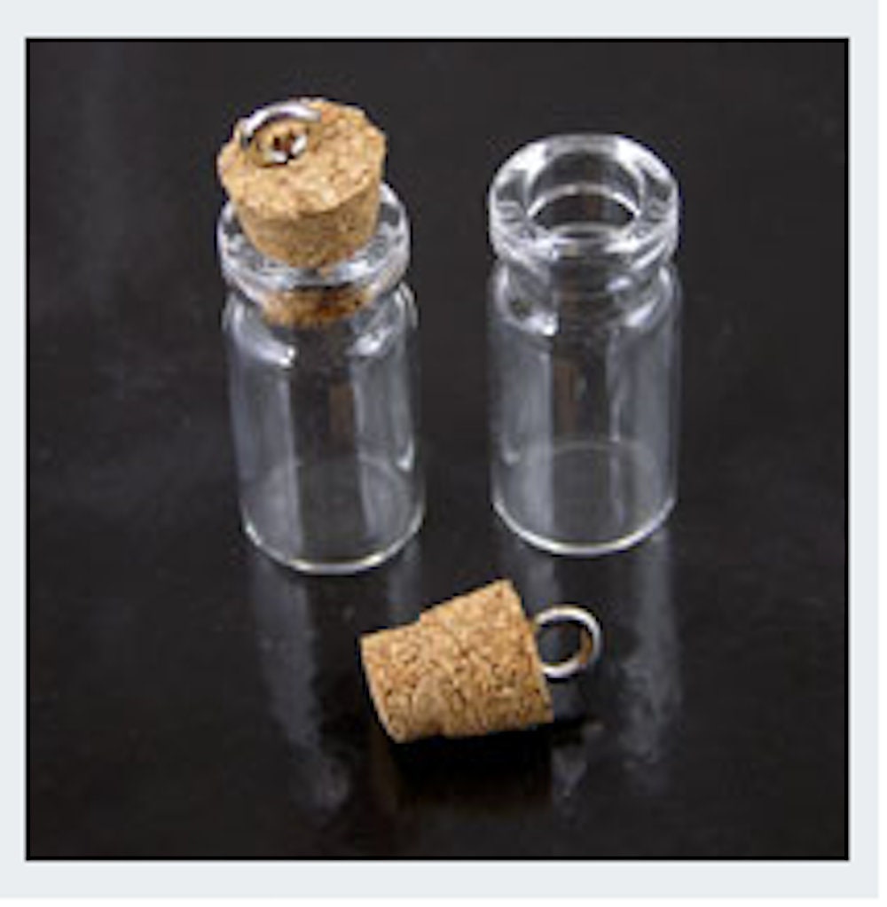 Glass Bottle Pendant with cork stopper ring, 28mm vial, pack of 2