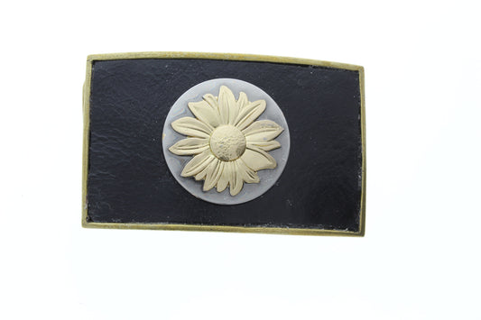 Flagstaff Flower Daisy Buckle Buckle, rectangle antique silver and gold concho on black leather, fits 1.5" belt, made in USA, Each