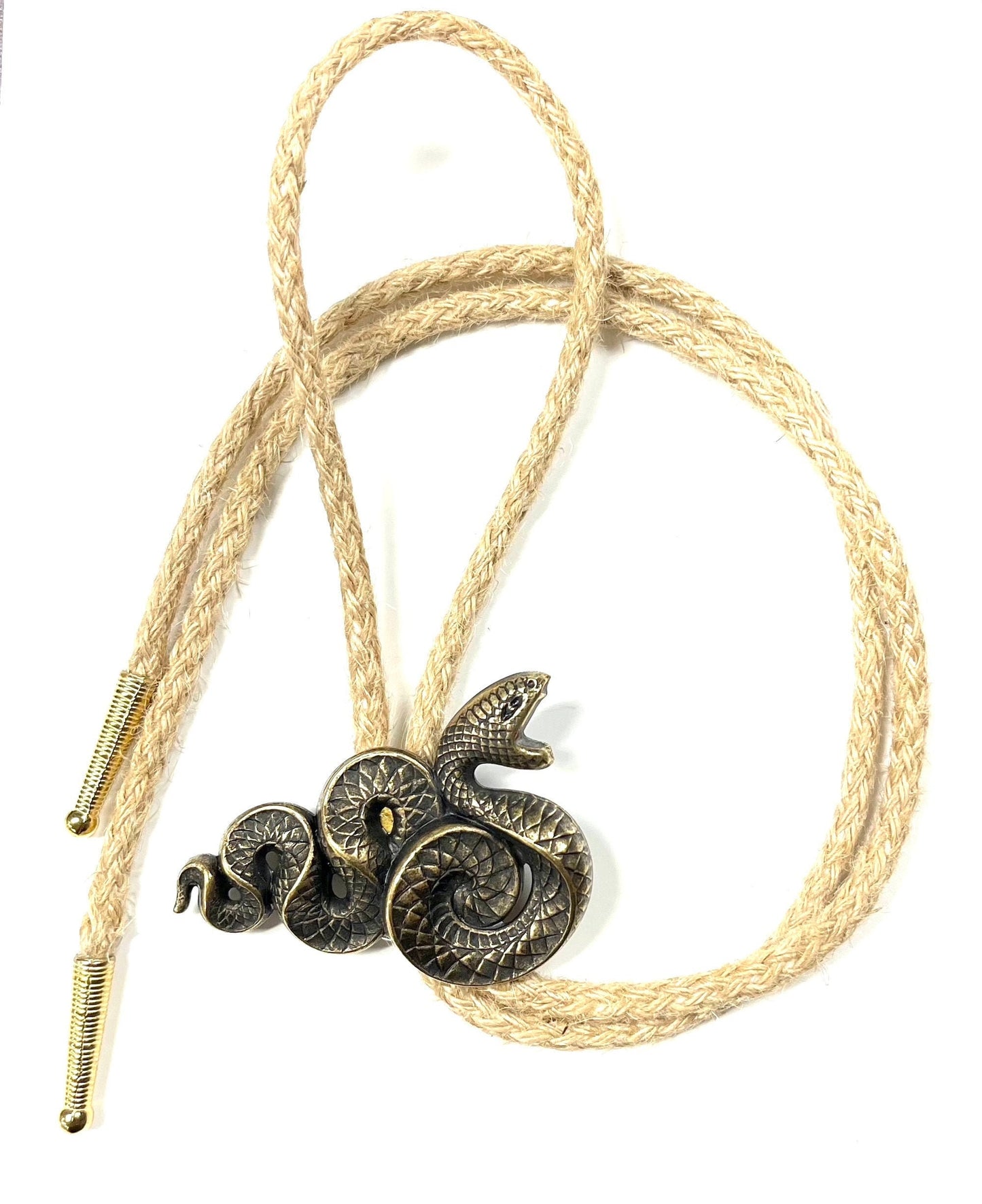 Snake Bolo Tie, Gift Bag, with matching tips in antique gold on 36" natural jute cord, Handmade in USA