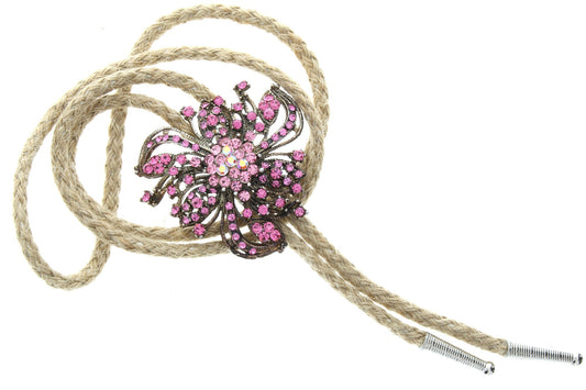 Vintage Pink Crystal Flower Bolo Tie with silver tips , 36" natural jute cord, Breast Cancer Survivor, HandMade in USA, Each