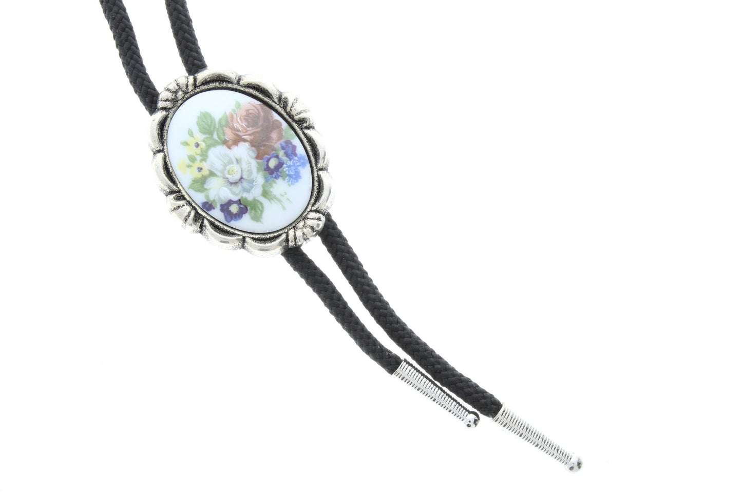 Flower Bouquet Bolo Tie with silver tips, Limoges Cabochon, Gift Box, 36" black or jute cord, Handmade in USA