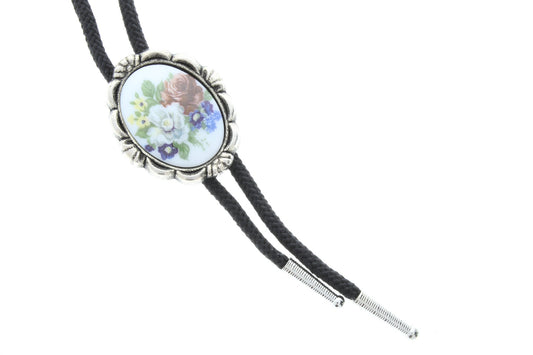 Flower Bouquet Bolo Tie with silver tips, Limoges Cabochon, Gift Box, 36" black or jute cord, Handmade in USA