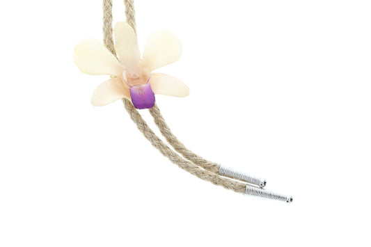 Preserved White Purple Orchid Bolo Tie, 36" cord, Choose Black or Jute Cord, made in USA, 1 each