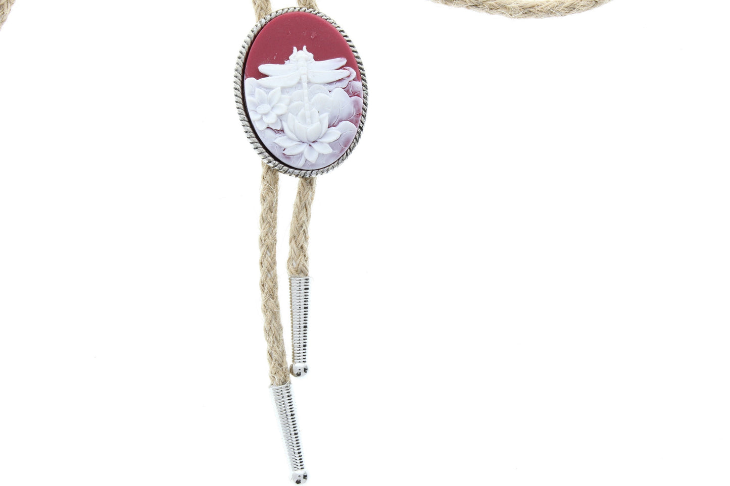 DragonFly Cameo Bolo Tie Lariat with matching tips, fabric gift bag, antique silver, red and white 36" Jute cord, Made in USA, Each