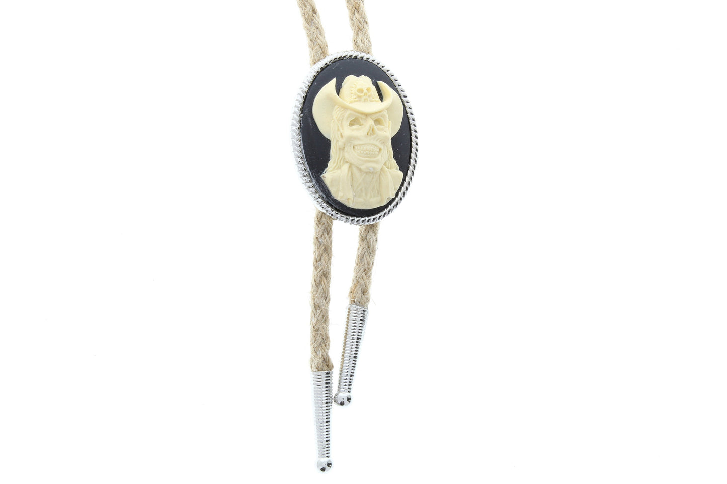 Cowboy Zombie Cameo Bolo Tie with matching tips, Gift Bag, antique silver, black and white cameo on 36" Jute cord, HandMade in USA