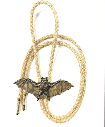 Bat Bolo Tie, Gift Box, antique gold on 36" natural jute cord, handmade in USA, each