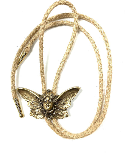 Fairy Bolo Tie, Gift Bag, antique gold on 36" natural jute cord, Handmade in USA, each