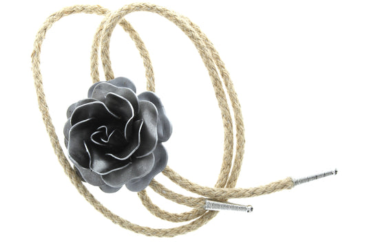 Rose Flower Bolo Tie with tips, Gift Box, 36" jute cord, metal 3D rose, antique silver, HandMade in USA, Each