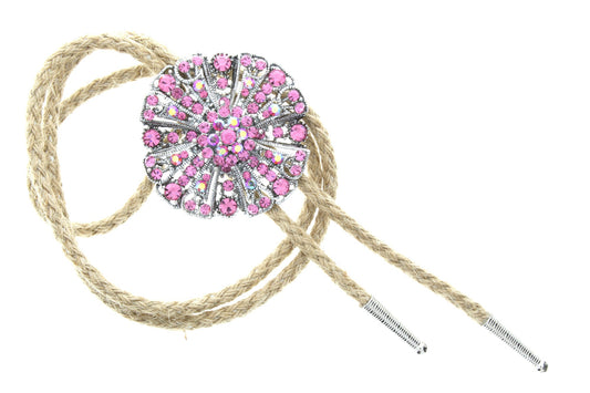 Pink Crystal Vintage Brooch Bolo Tie, Gift Box, with matching tips, 36" natural jute cord, Made in USA, Each