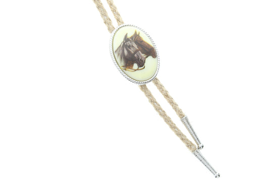 Horse Bolo Tie with silver tips with Vintage German Cameo, 36" jute cord, Fabric gift bag, handmade in USA, Each