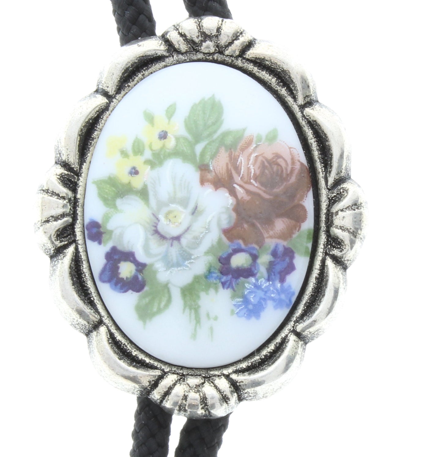 Flower Bouquet Bolo Tie with silver tips, Limoges Cabochon, Gift Box, 36" black or jute cord, Handmade in USA