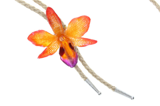Preserved Orange Yellow Orchid Bolo Tie, 36" cord, Choose Black or natural jute cord, made in USA, 1 each