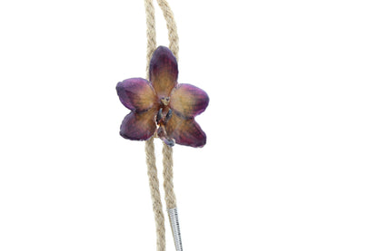 Preserved Purple and Taupe Natural Orchid Bolo Tie, 36" length, Choose Black or natural jute cord, made in USA, 1 each