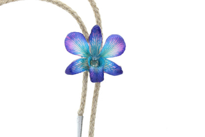 Preserved Purple Turquoise Orchid 36" Bolo Tie, Choose Black, natural jute or white bolo cord, made in USA, 1 each