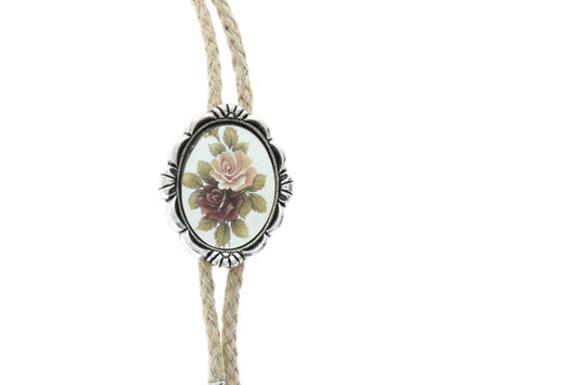 Limoges Porcelain Roses Bolo Tie, Gift Box, with matching tips, antique silver, 36" black or jute cord, HandMade in USA, Each