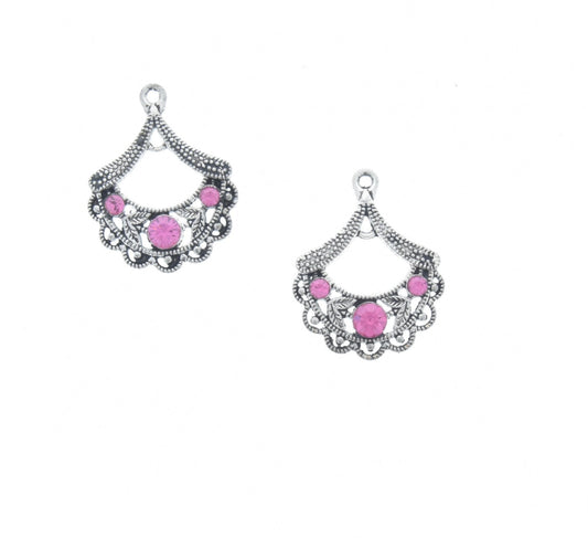 Swarovski Crystal connector charm set, Earring dangle, fan shape, fucshia pink stones, pack of 2