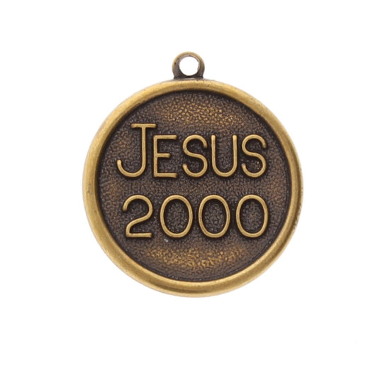 18mm "Pray for the Century" Jesus 2000 Medallion Charm, 18mm round, Classic Silver or Antique gold, Made in USA, pack of 6