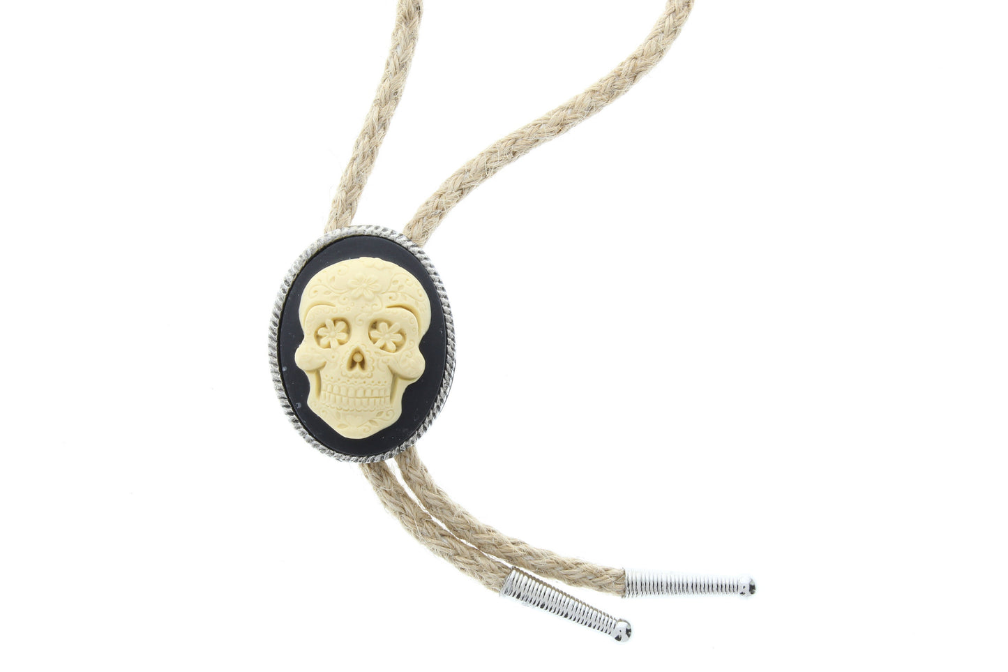 Day of the Dead Sugar Skull Bolo Tie, Gift Box, black and white, with matching tips, antique silver, 36", Natural Jute, Made in USA, Each