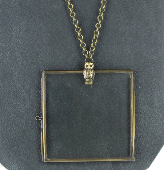 Glass Photo Pendant Necklace, 3" x 3", Owl bail on diamond hinged panes, in gift bag, 18" or 24", silver and brass gold, Each