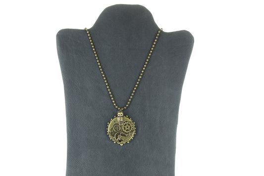 Steampunk Clock Works Pendant Necklace with owl, in fabric gift bag, 18" or 24" chain, antique gold, 1.5" watch pendant, Made in USA, Each