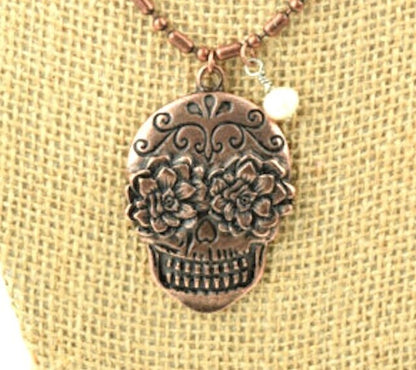 Sugar Skull Pendant Necklace with Pearl, Antique Gold or Vintage Copper Finish, 18" or 24" length, Made in USA, each