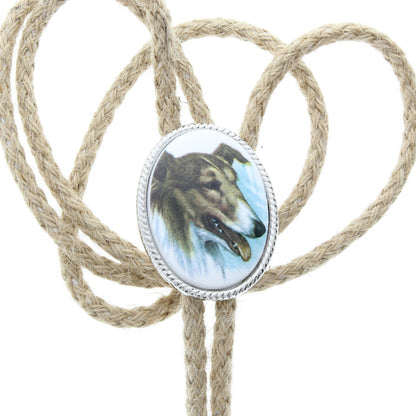 Dog Cameo Bolo Tie with tips, 40mm, Gift Box, Collie, Poodle, Shepherd, King Charles Spaniel, Scottie or Jack Russell Terrier, 36" jute cord