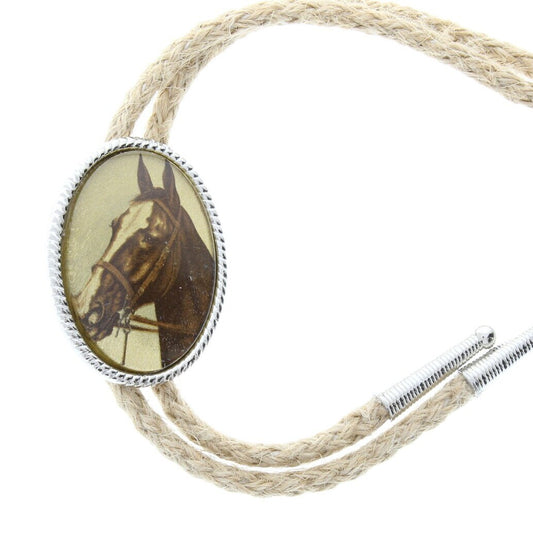 Vintage Horse Limoges Cameo Bolo Tie, Gift Bag, 36" jute cord with silver tips, HandMade in USA, Each