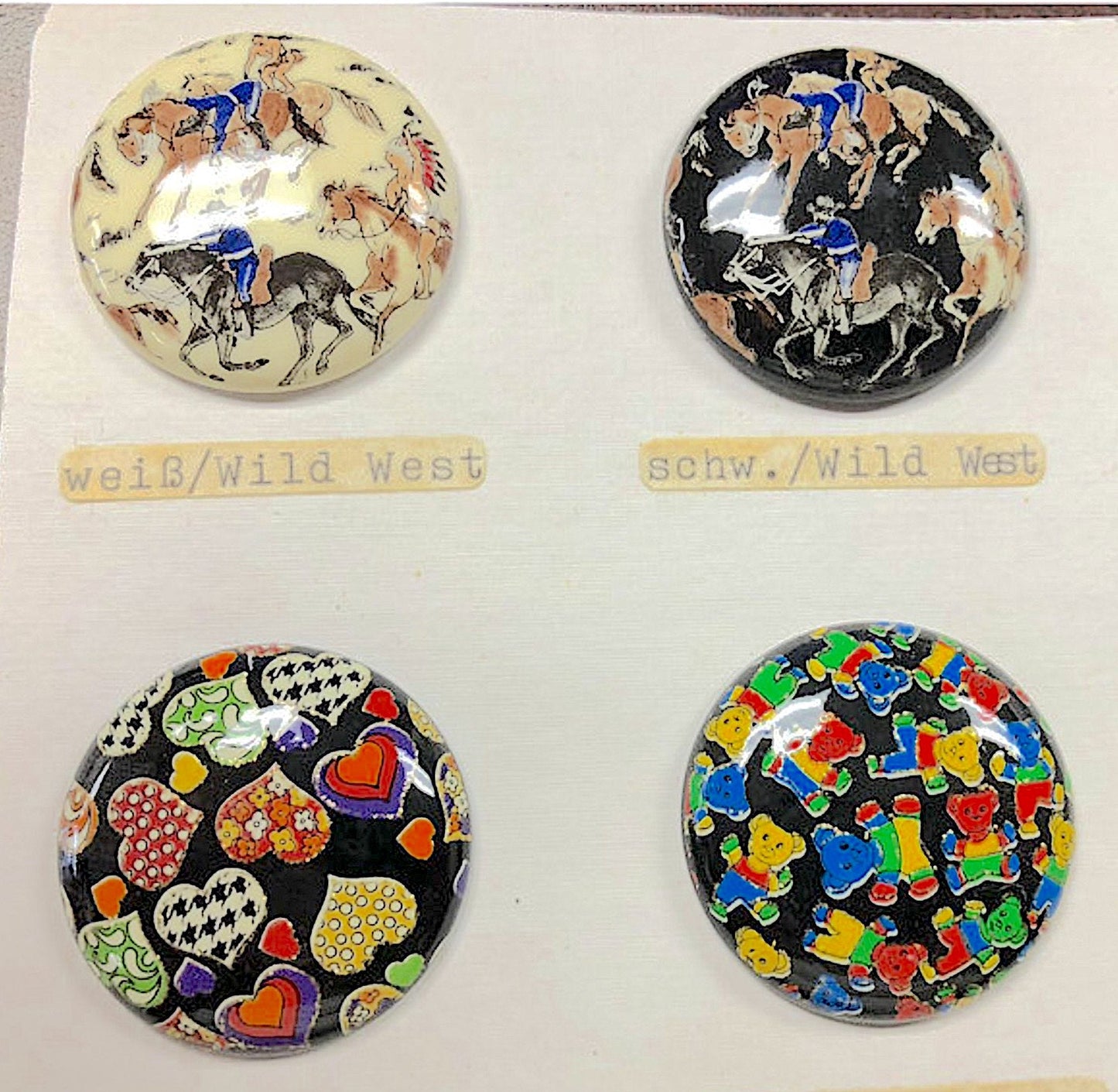 Vintage 1960s Litho Printed Cabochons, 34mm, Western Cowboy, Horse, Heart, Teddy Bear Litho Print, acrylic flat back, 1 Set of 4 Cabochons
