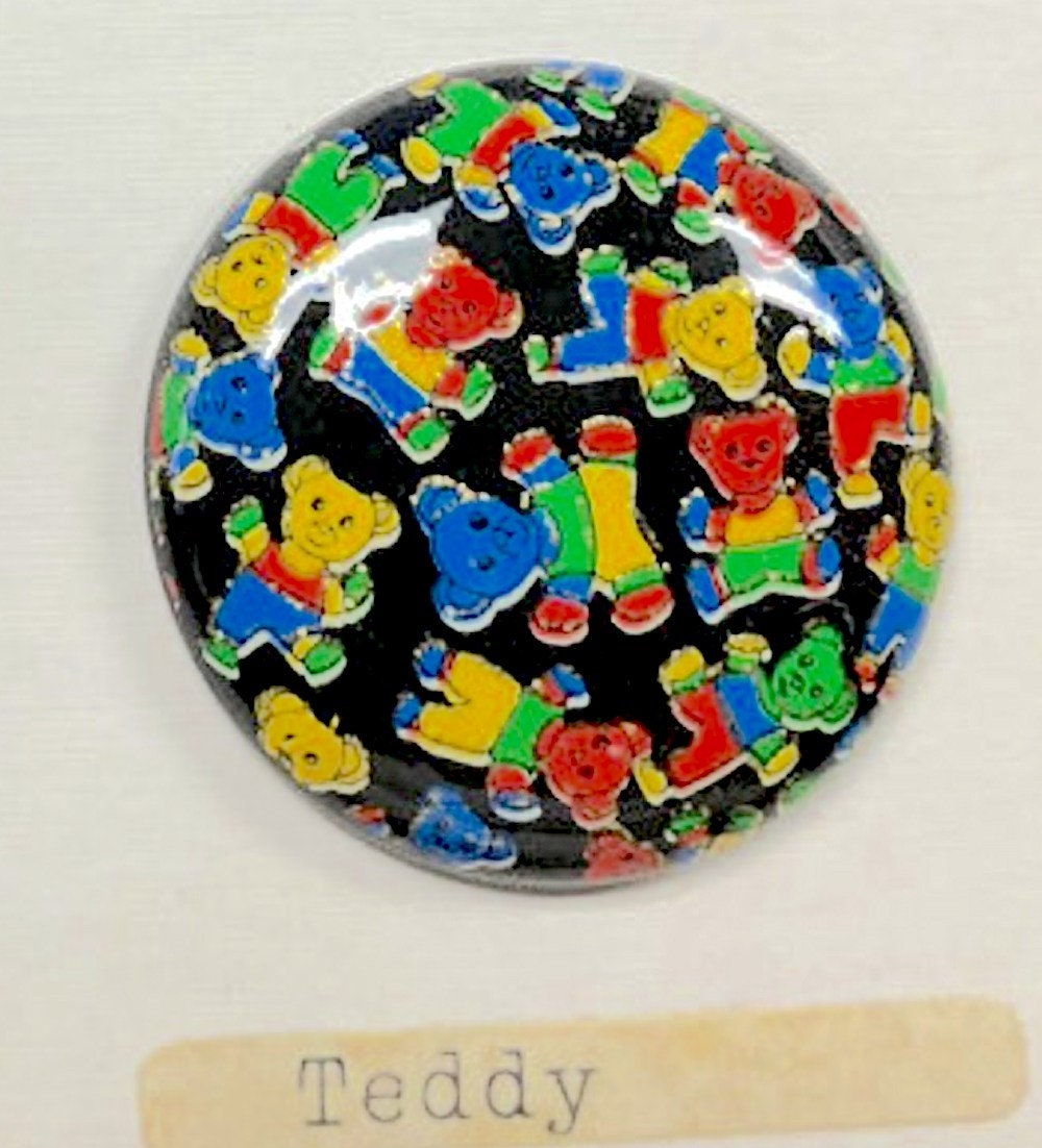 Vintage 1960s Litho Printed Cabochons, 34mm, Western Cowboy, Horse, Heart, Teddy Bear Litho Print, acrylic flat back, 1 Set of 4 Cabochons