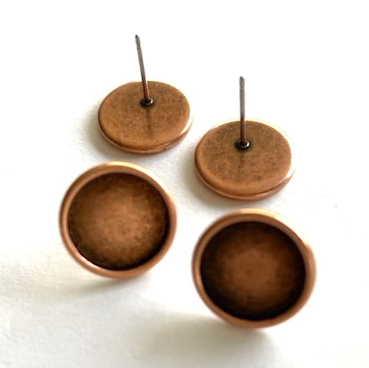 Post earring finding with 10mm bezel, hypo allergenic post, antique copper or gun metal black, Made in USA, pack of 4