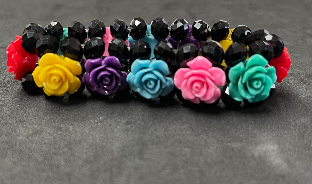 Swarovski Crystal Multicolor Rose Stretch Bracelet, Black double strand Crystal beads, Turquoise, PInk, Purple, Yellow, Green Flowers, Each