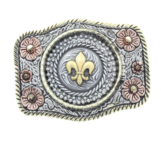 3.2" French Fleur De Lis Belt Buckle, Gift Box, Antique silver, copper and gold, fits 1.5" belt, handmade in USA, Each