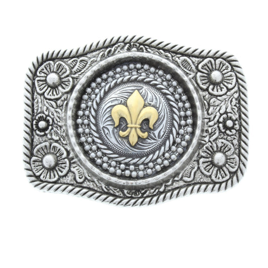 3.2" French Fleur De Lis Belt Buckle, Antique silver and gold, fits 1.5" belt, handmade in USA, Each