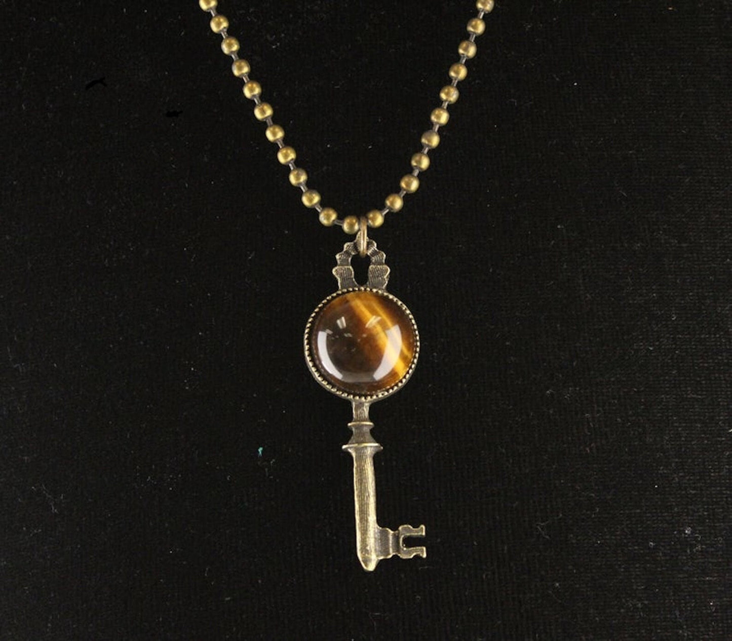 Steampunk Key Pendant Necklace with Pearl or Tiger Eye Cabochon, in fabric gift bag, Antique Gold, 18" or 24" Ball Chain, Made in USA, Each