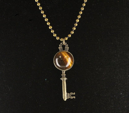 Steampunk Key Pendant Necklace with Pearl or Tiger Eye Cabochon, in fabric gift bag, Antique Gold, 18" or 24" Ball Chain, Made in USA, Each