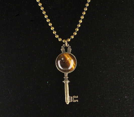 Steampunk Key Pendant Necklace with Pearl or Tiger Eye Cabochon, in fabric gift bag, Antique Gold, 18" or 24" Ball Chain, Made in USA, Each