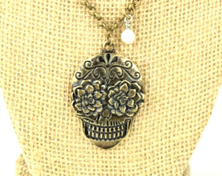 Sugar Skull Pendant Necklace with Pearl, Antique Gold or Vintage Copper Finish, 18" or 24" length, Made in USA, each