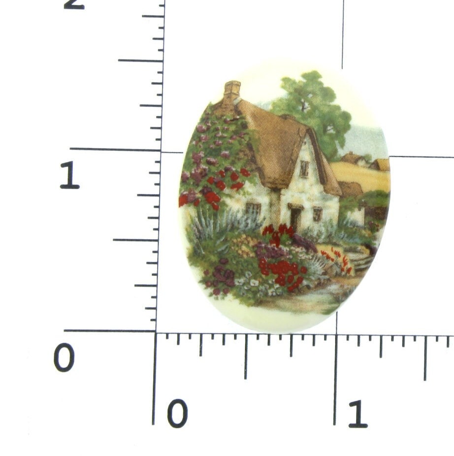 40mm "English Cottage with Thatch Roof" Cameo Cabochon, Vintage German Litho, flat back, pack of 3