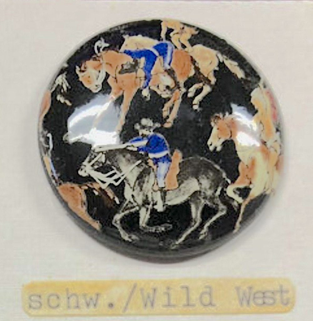 Vintage 1960s Litho Printed Cabochons, 34mm, Western Cowboy, Horse, Heart, Teddy Bear Litho Print, acrylic flat back, 1 Set of 4 Cabochons