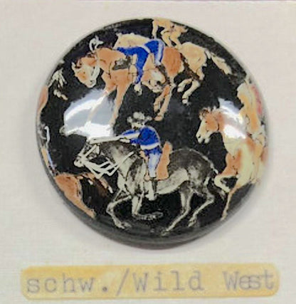 Vintage 1960s Litho Printed Cabochons, 34mm, Western Cowboy, Horse, Heart, Teddy Bear Litho Print, acrylic flat back, 1 Set of 4 Cabochons