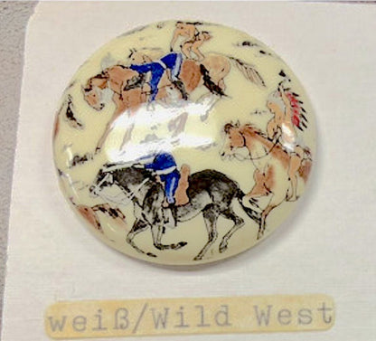 Vintage 1960s Litho Printed Cabochons, 34mm, Western Cowboy, Horse, Heart, Teddy Bear Litho Print, acrylic flat back, 1 Set of 4 Cabochons