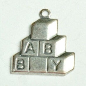 Baby block charm, antique silver, Made in USA, pack of 6