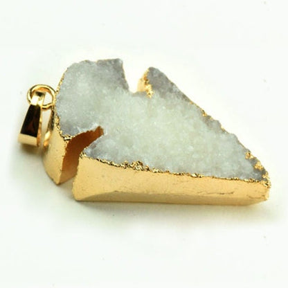 White Druzy Arrow Head Pendant with Gold Electroplate, Natural Stone Jewelry, each